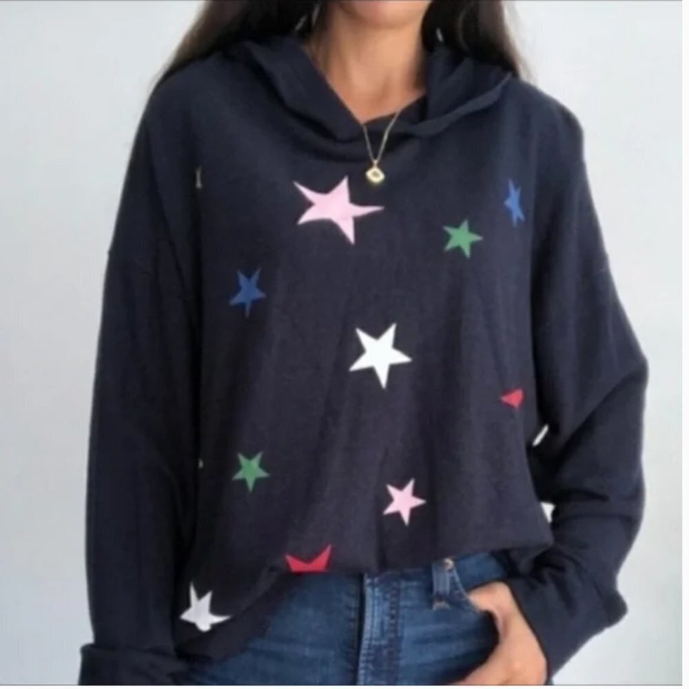 Sundry Star Print Graphic Hoodie Navy Blue Pullover